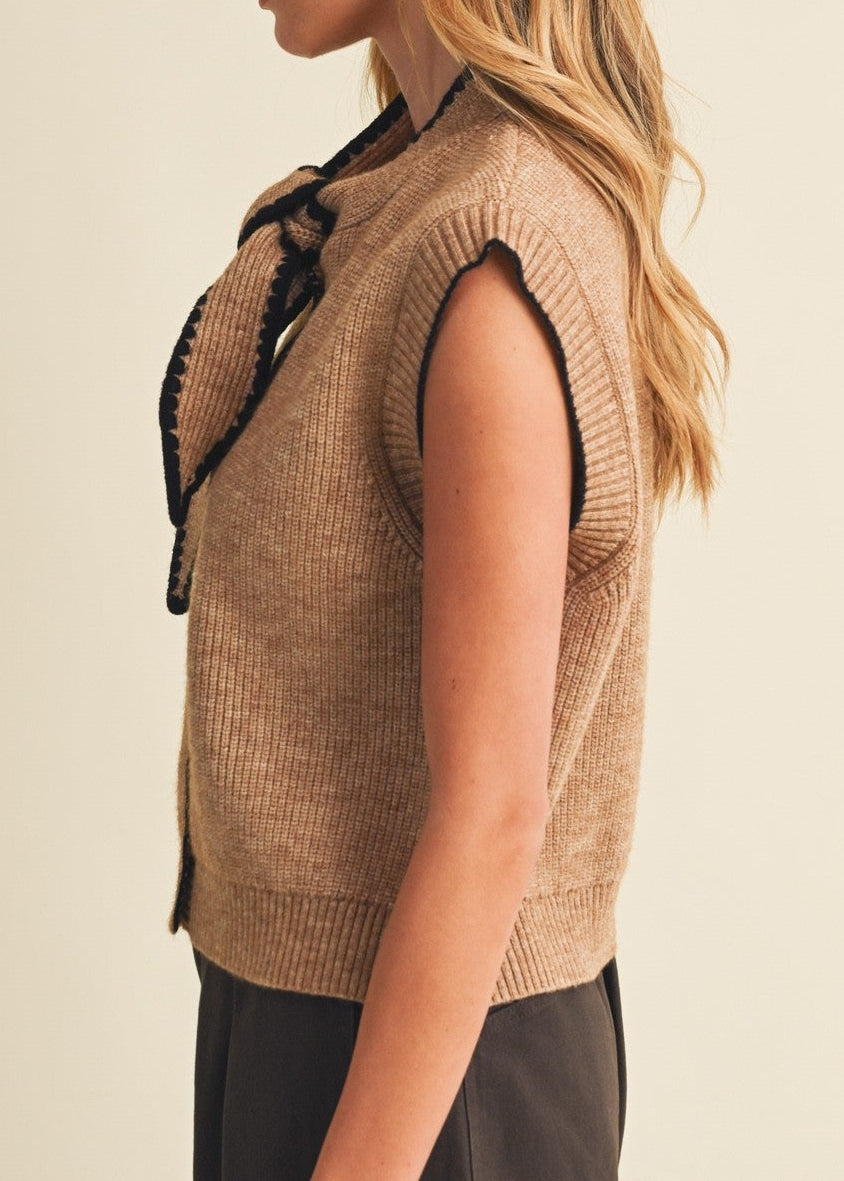Mocha Brown Scallop-trim Tie-neck Ribbed Knit Vest