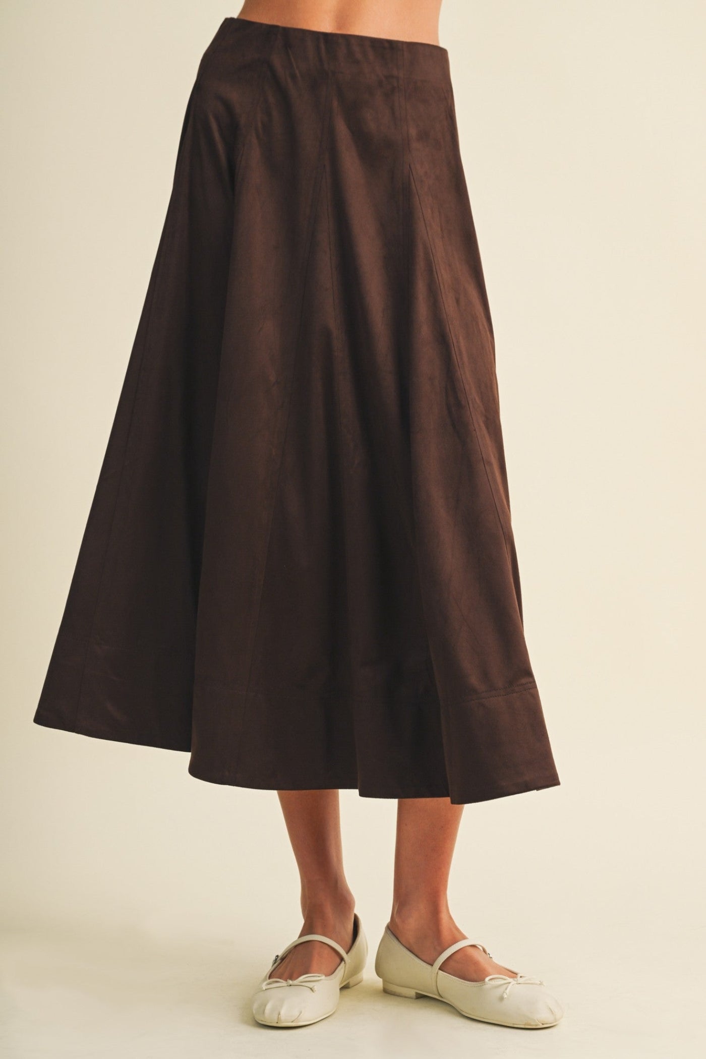CHOCOLATE BROWN FAUX SUEDE A-LINE PANEL MIDI SKIRT