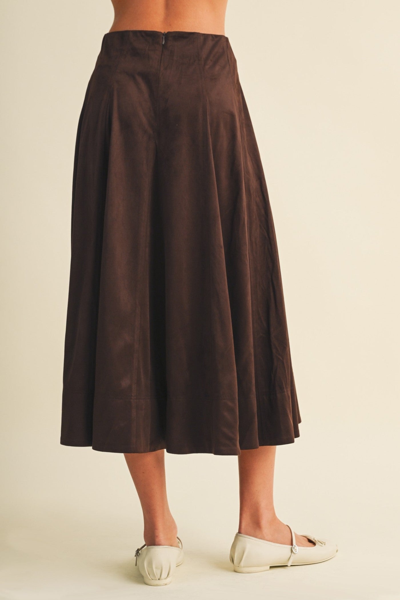CHOCOLATE BROWN FAUX SUEDE A-LINE PANEL MIDI SKIRT