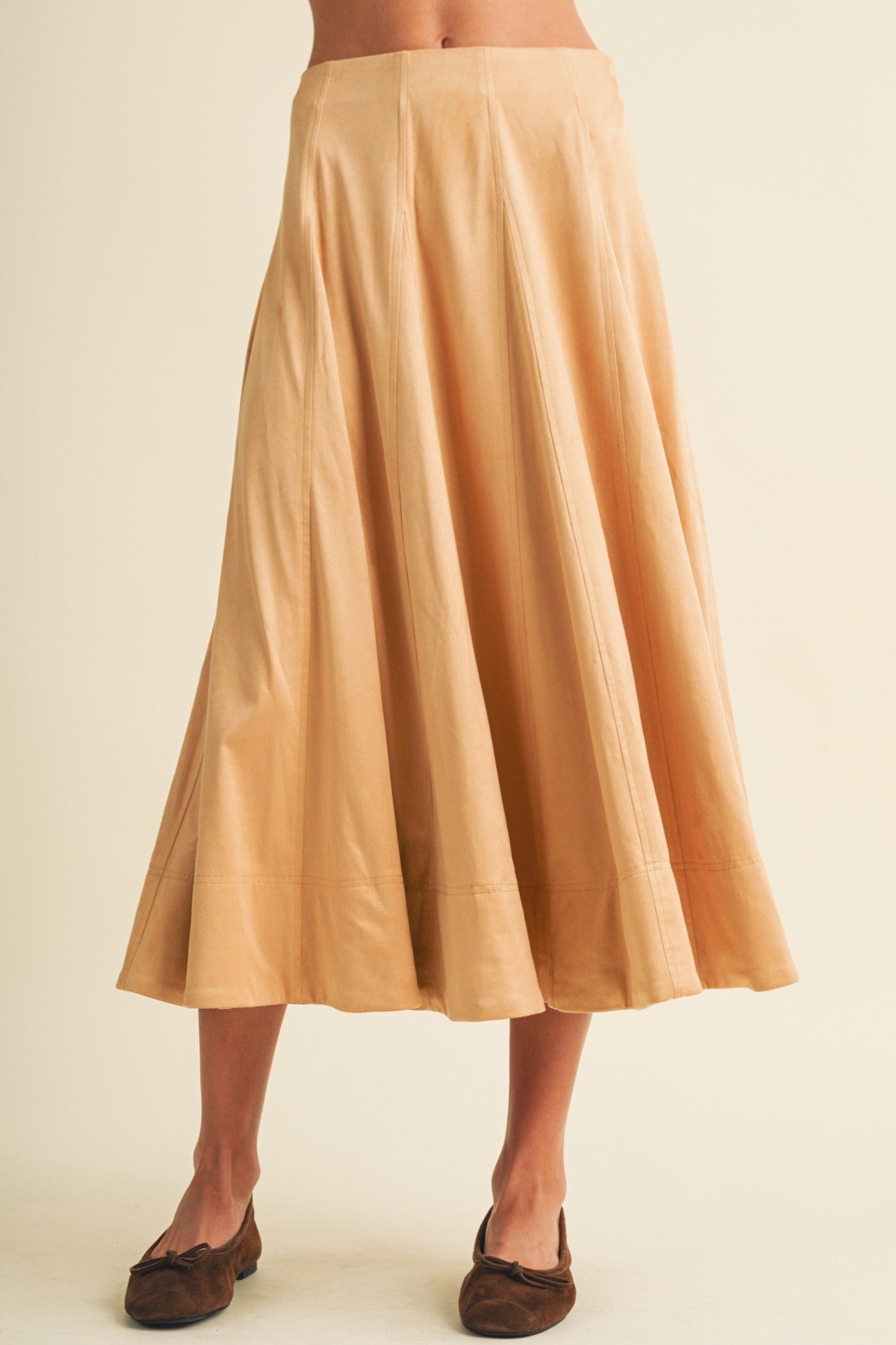 TAN FAUX SUEDE A-LINE PANEL MIDI SKIRT