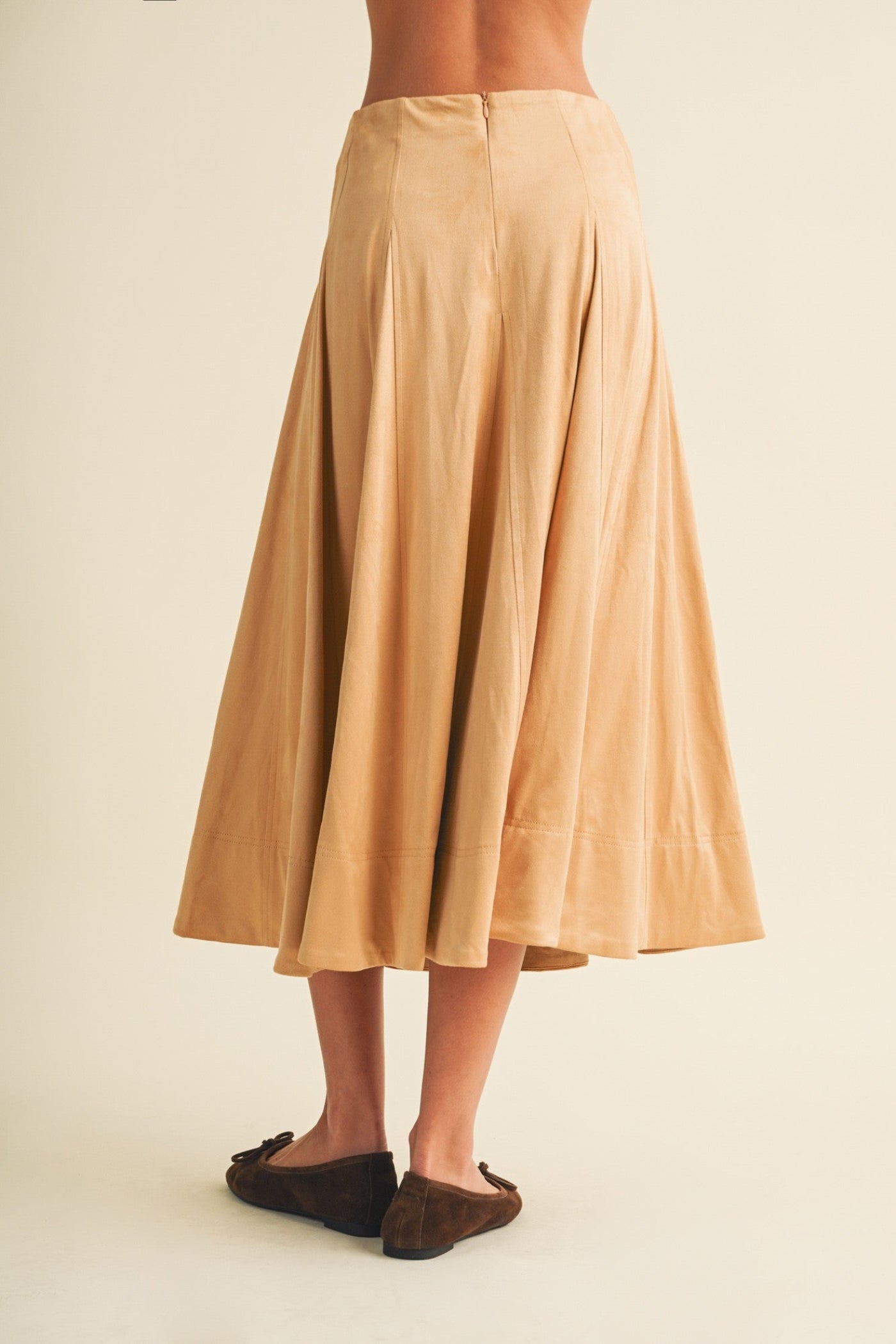 TAN FAUX SUEDE A-LINE PANEL MIDI SKIRT