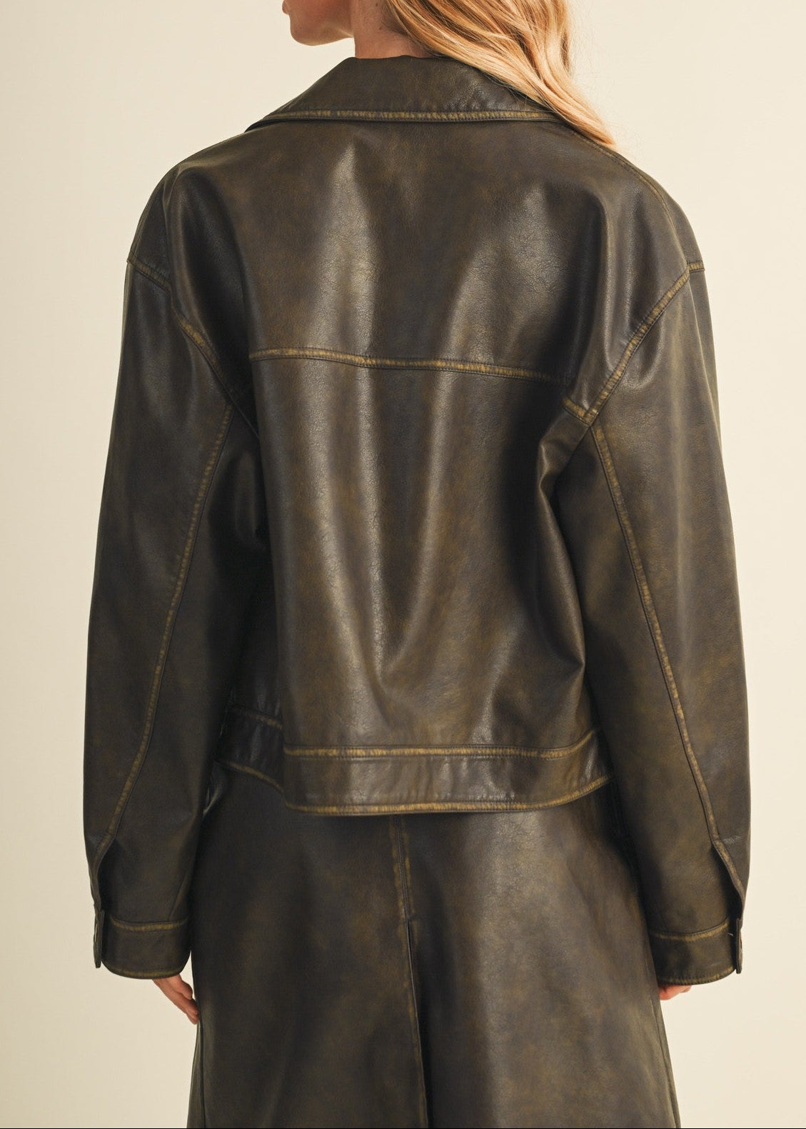 OLIVE FAUX LEATHER UTILITY JACKET