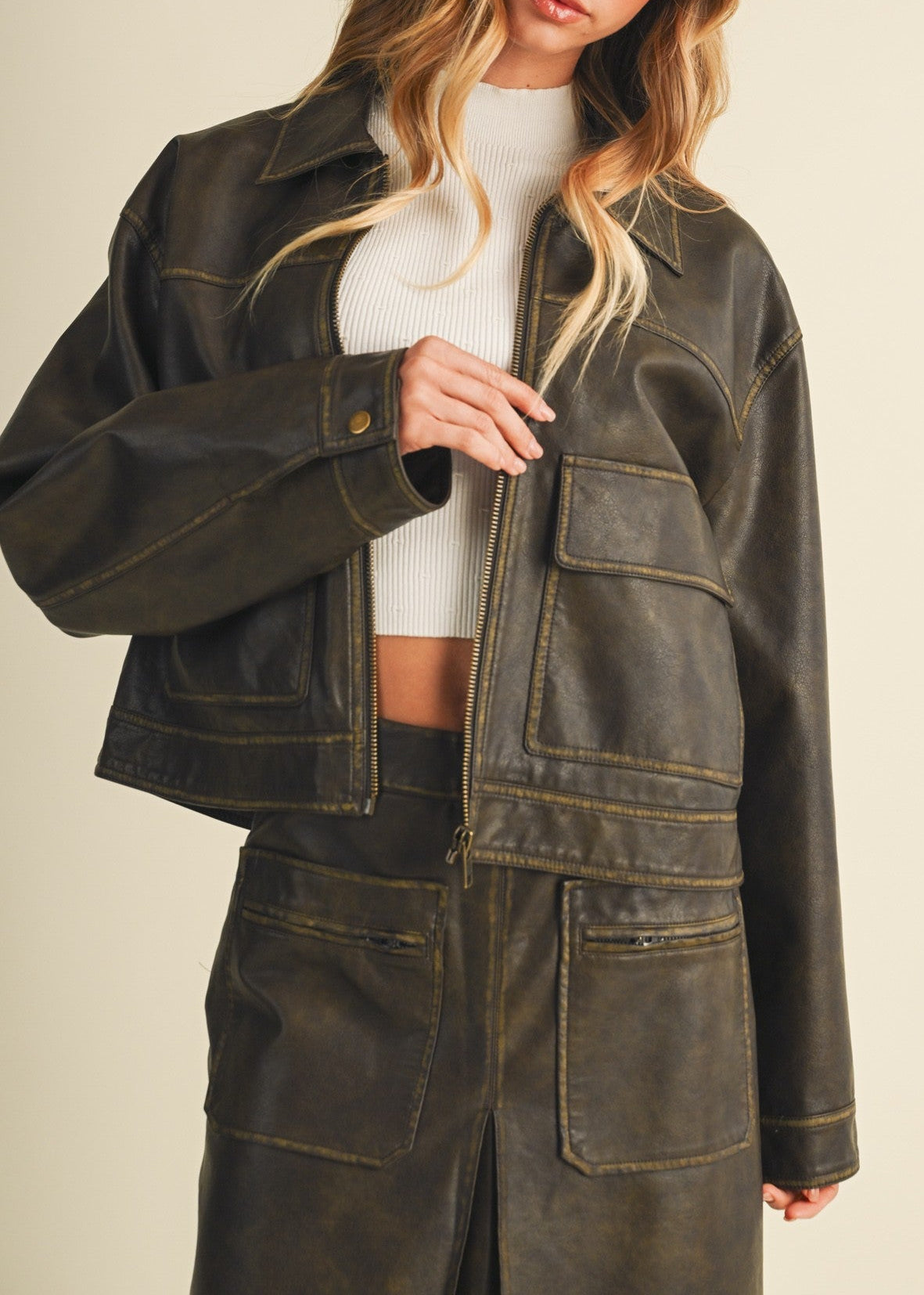 OLIVE FAUX LEATHER UTILITY JACKET
