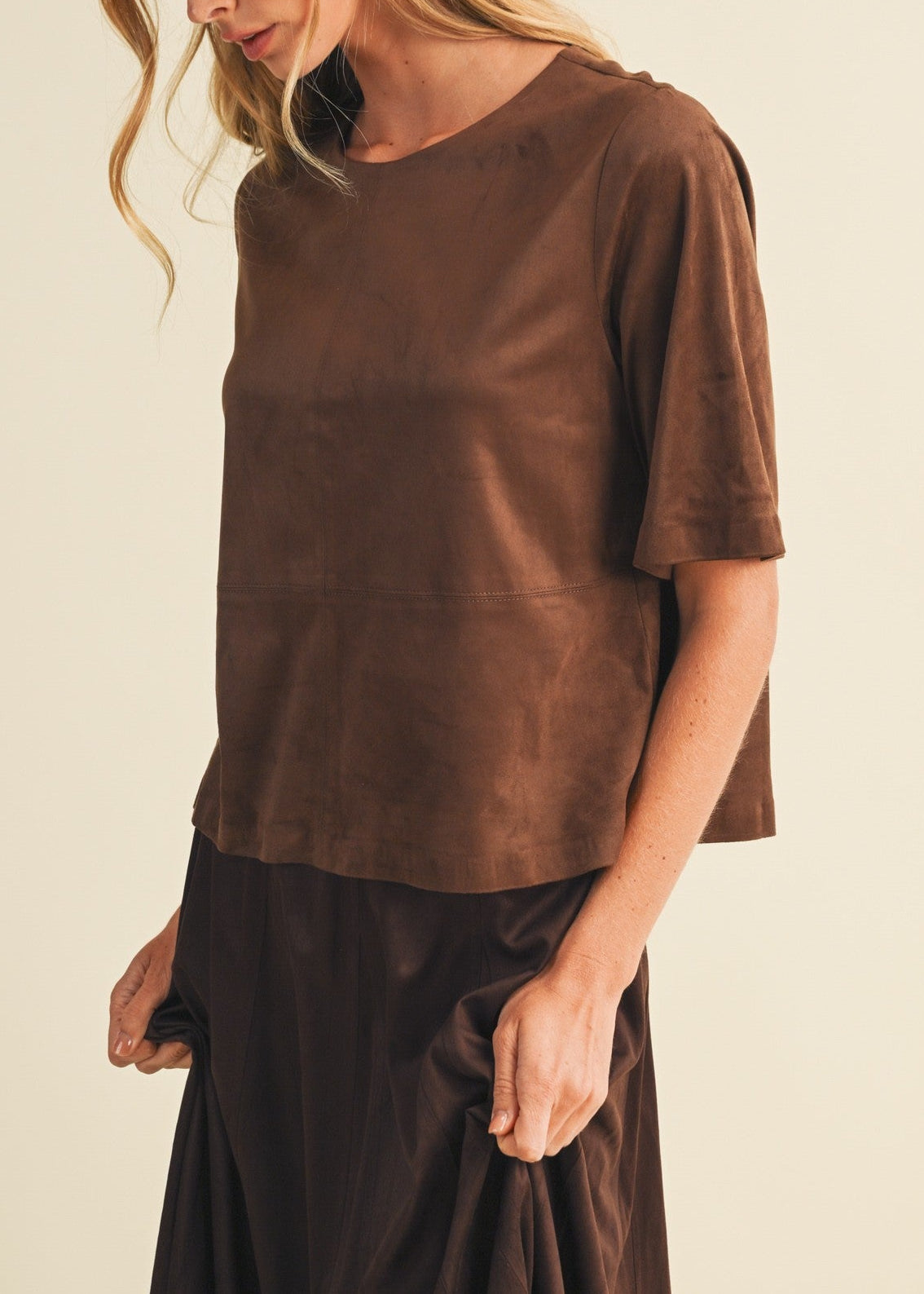 ESPRESSO FAUX SUEDE SHORT SLEEVE TOP