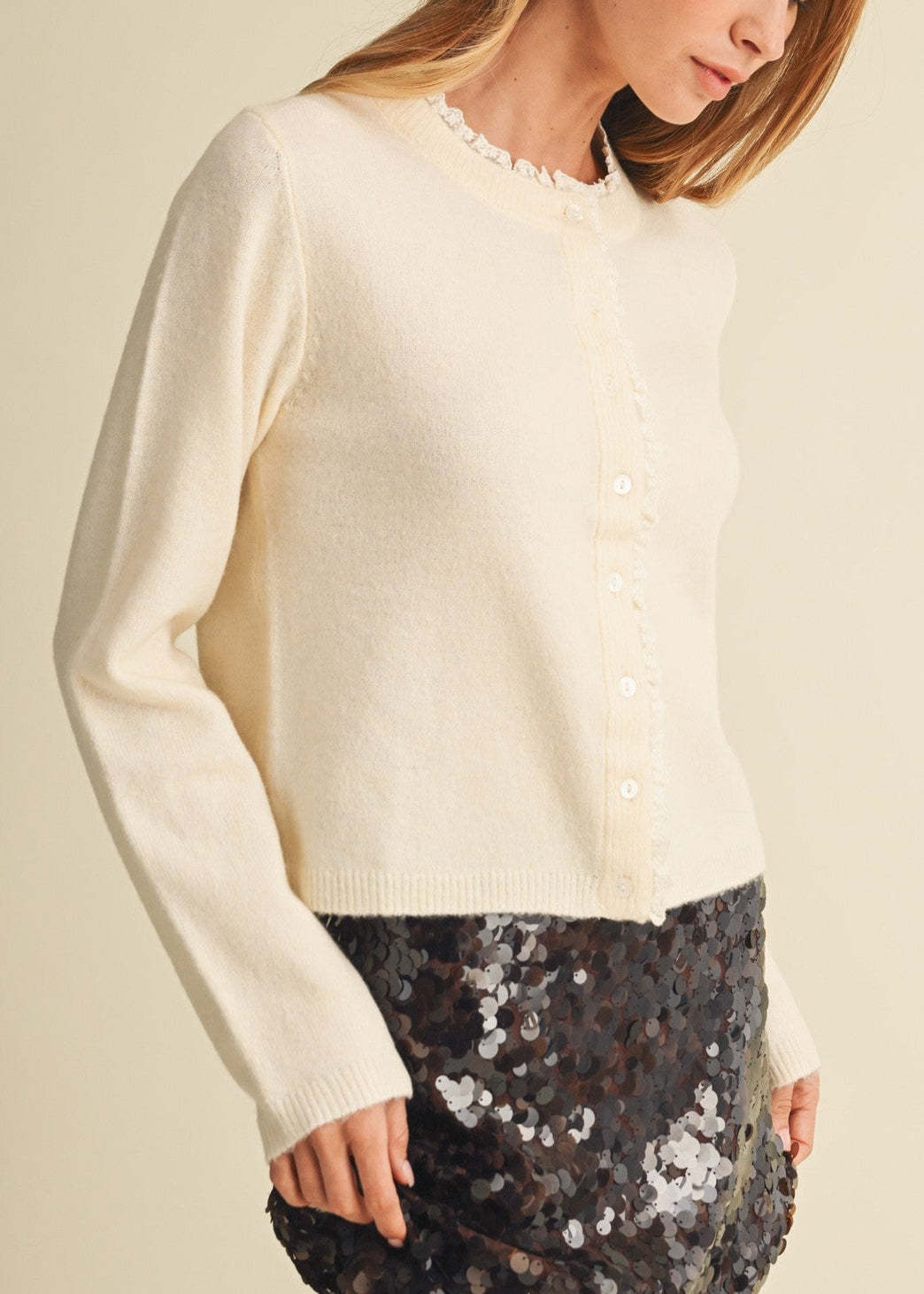 CREAM LACE TRIM CARDIGAN SWEATER TOP