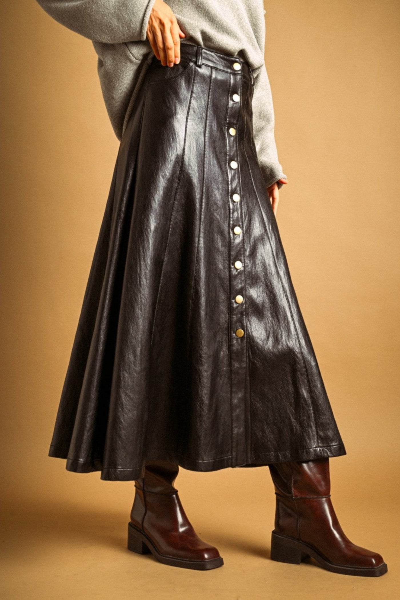 Black Faux Leather Button Front Long Skirt