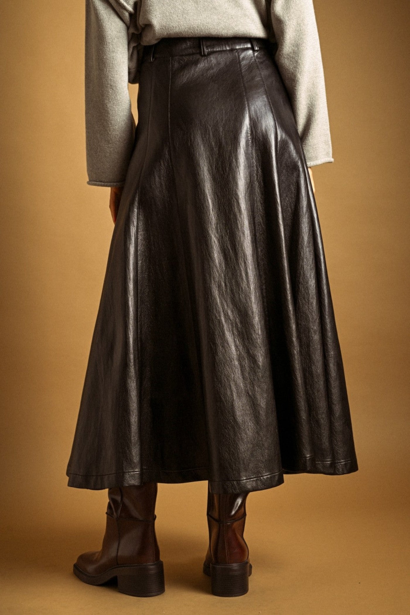 Black Faux Leather Button Front Long Skirt