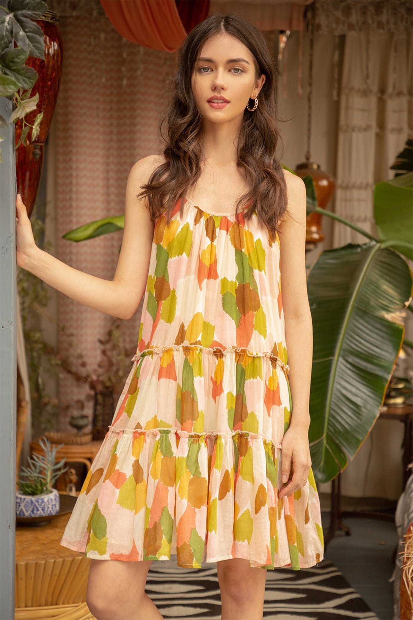 THML MULTI COLOR TIERED MINI DRESS