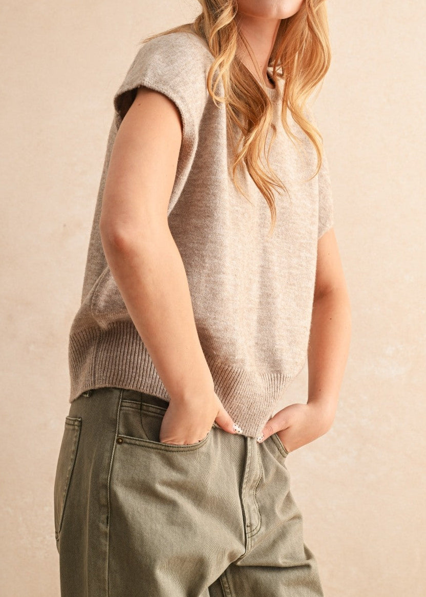 tan Loose Fit Short Sleeve Sweater Top