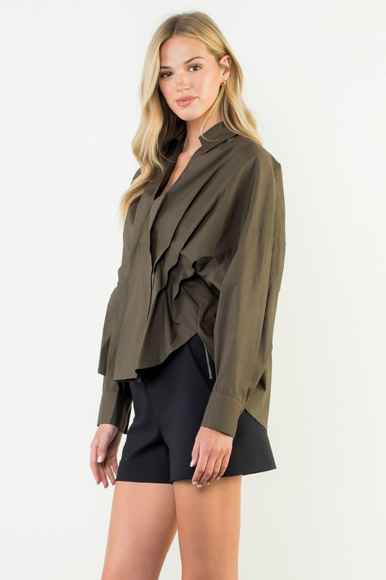 THML COLLARED LONG SLEEVE V-NECK TOP