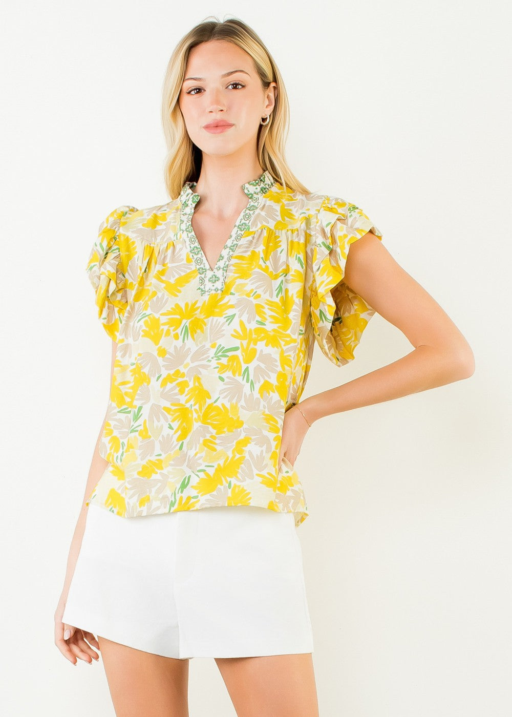 YELLOW FLUTTER SLEEVE FLORAL TOP