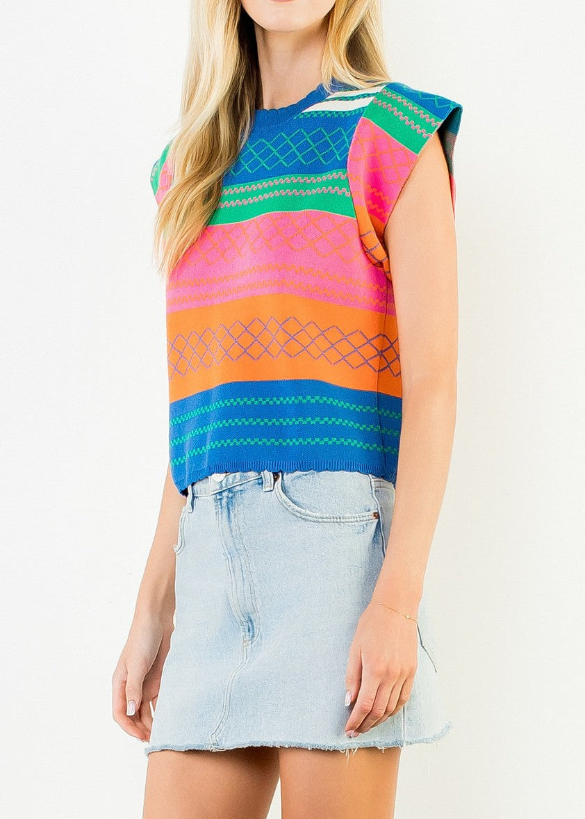 BRIGHT STRIPED PATTERNED FLUTTER-SLEEVE KNIT TOP